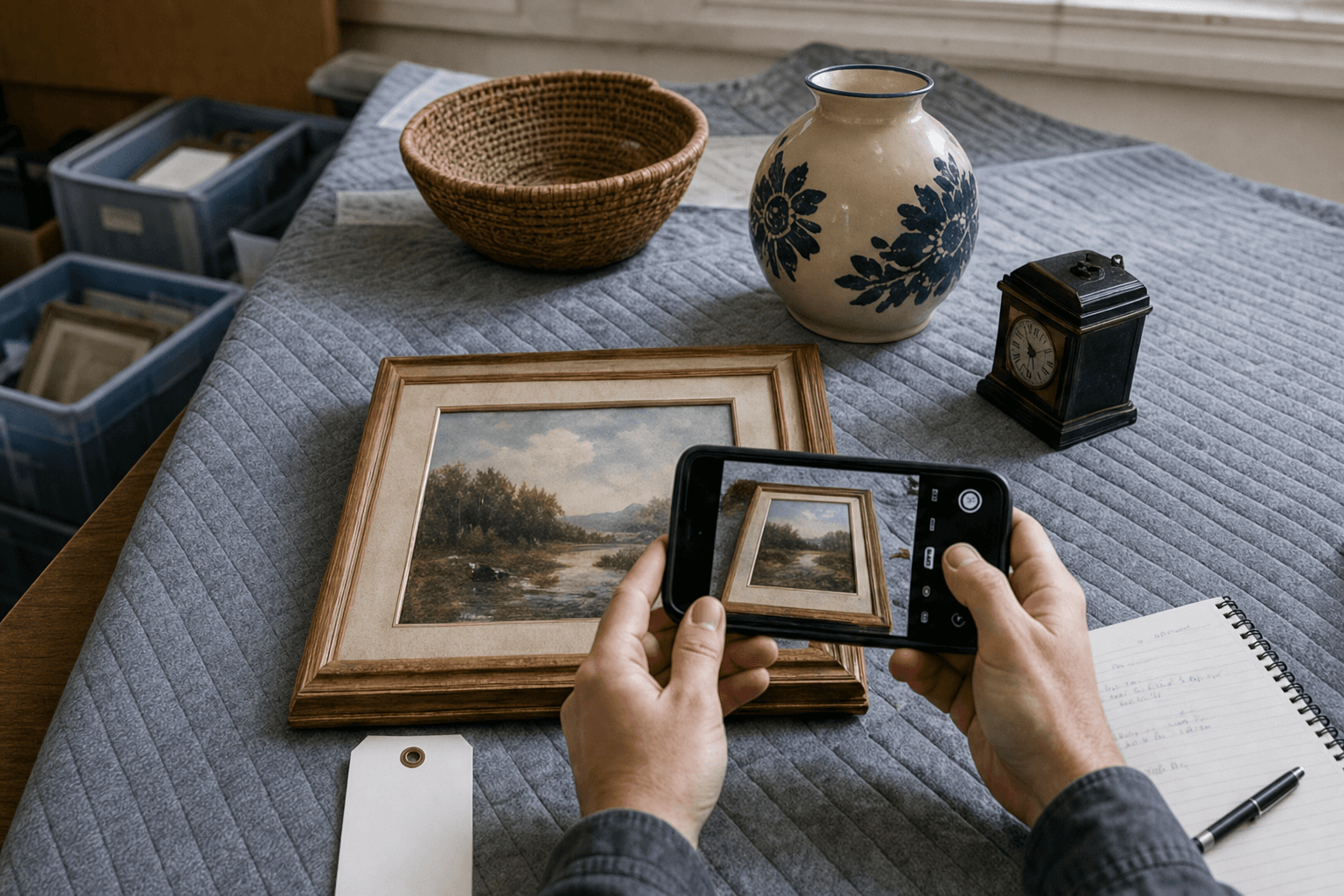 A phone camera documenting a framed artwork on a padded work table beside a vase, basket, and clock, with labeled bins behind