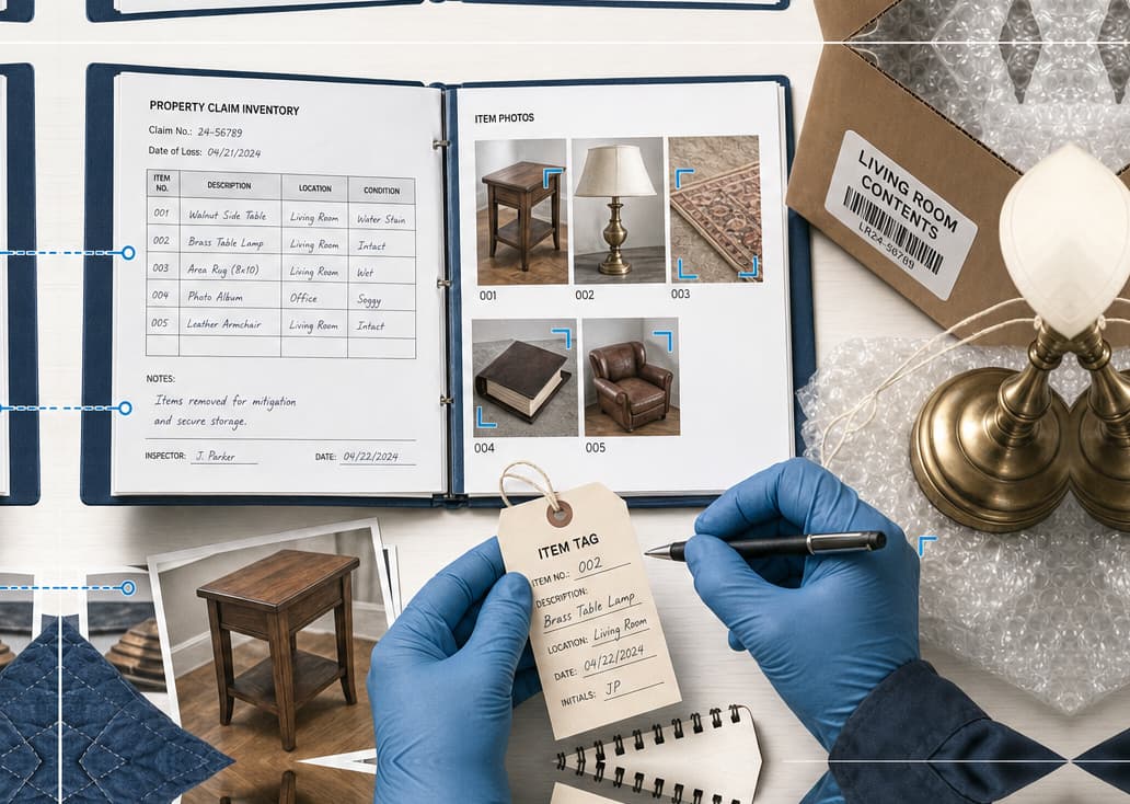 A property claim inventory binder beside photographed household items, item tags, packing materials, and gloved documentation work