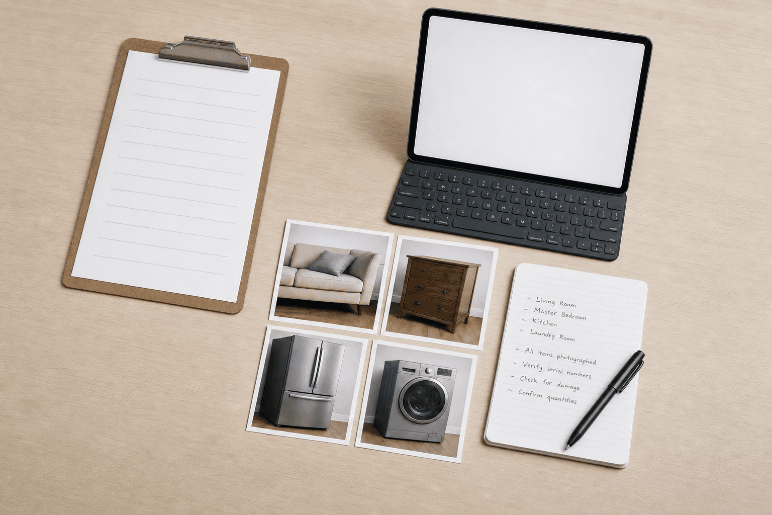 A demo-evaluation desk with a blank tablet, a printed checklist, item photographs, and handwritten notes