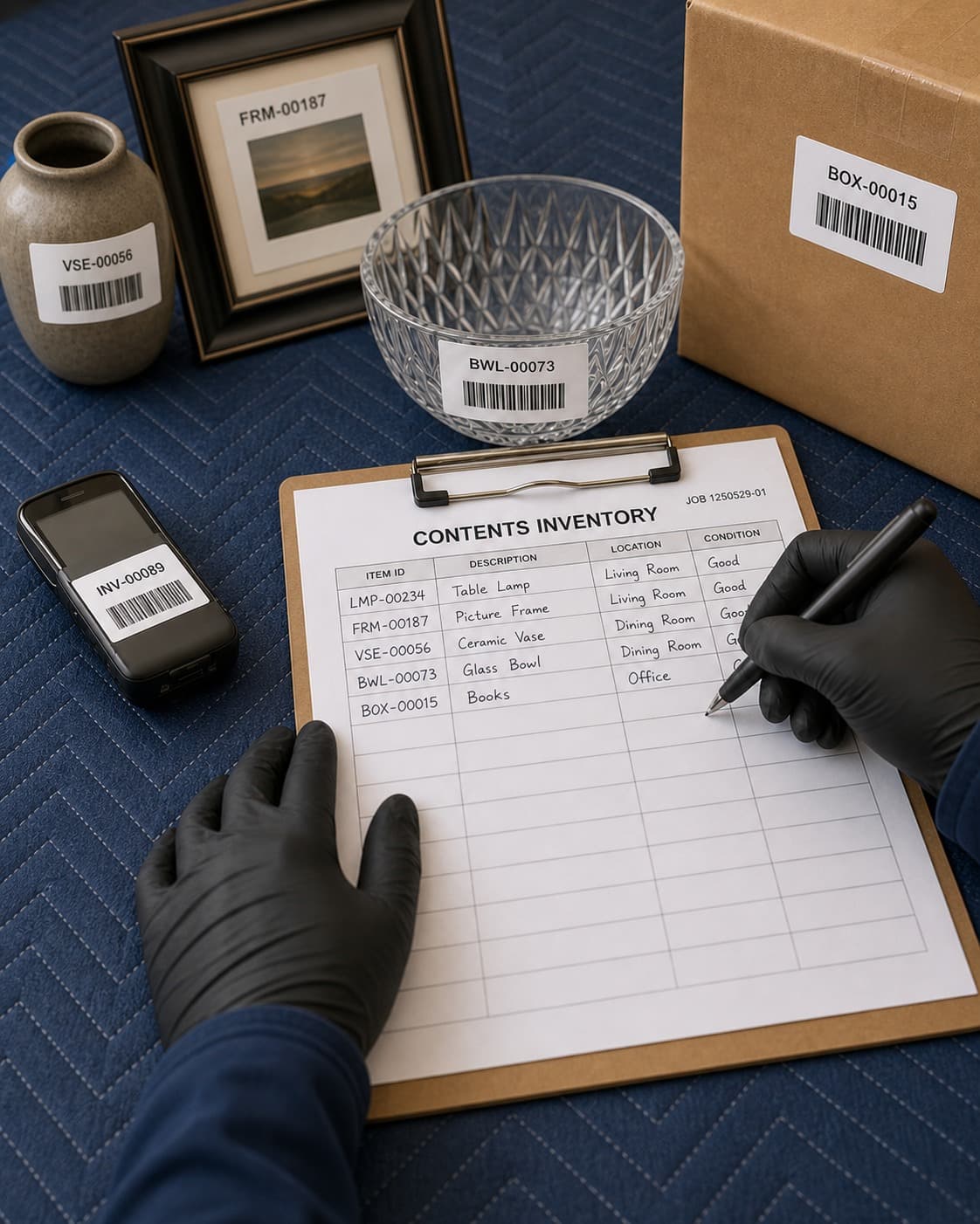 Gloved hands completing a handwritten contents inventory sheet on a clipboard beside a barcode-labeled scanner, a tagged glass bowl, and packed boxes on a moving blanket