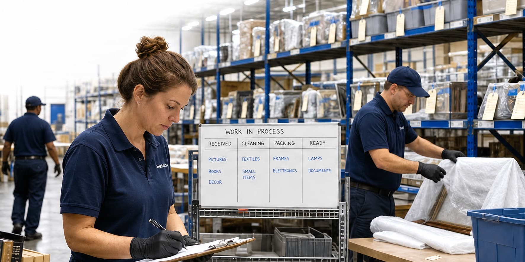Technicians processing tagged contents at a work-in-process board in an organized restoration warehouse with labeled totes on shelving