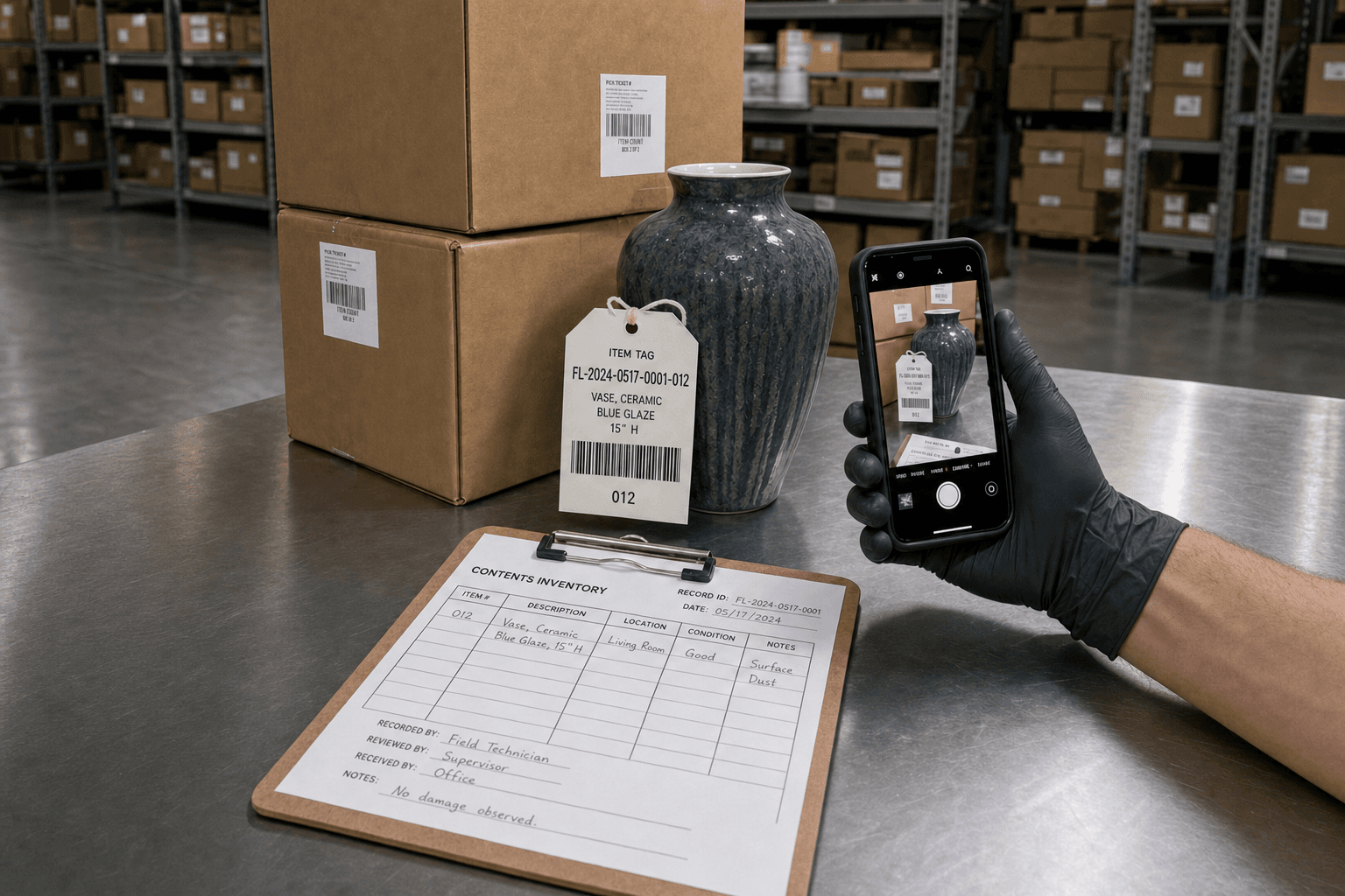 Claim-ready inventory capture: a ceramic vase with an item tag beside labeled boxes, a phone photographing the contents, and a clipboard inventory form