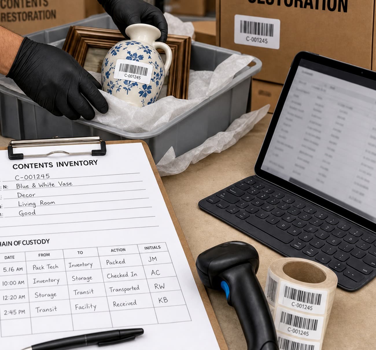 A gloved technician placing a labeled vase into a padded tote beside a contents inventory clipboard with a chain-of-custody log, a tablet, a barcode scanner, and label rolls