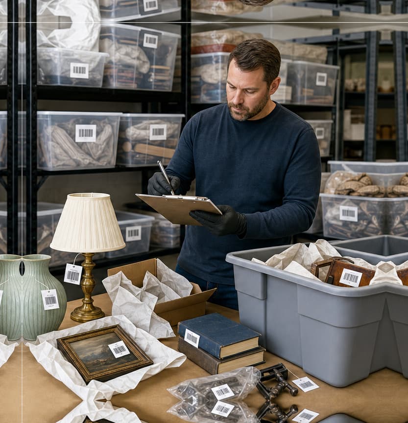 A contents technician in gloves recording tagged items on a clipboard beside a lamp, a framed painting, wrapped belongings, and labeled storage bins