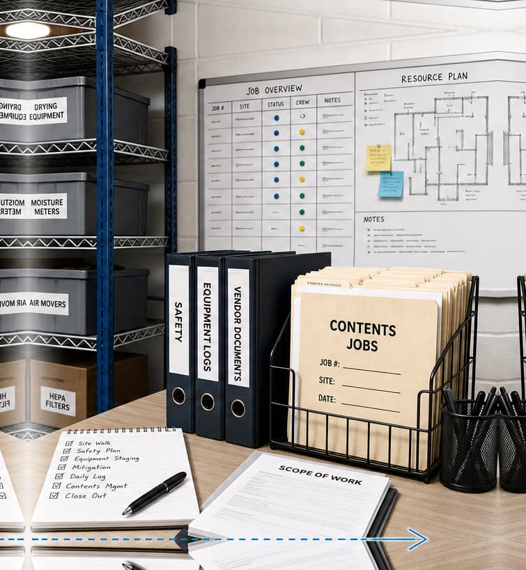 A contents operations workspace with labeled equipment bins on shelving, job overview and resource plan whiteboards, safety and vendor binders, contents job folders, checklists, and scope-of-work documents