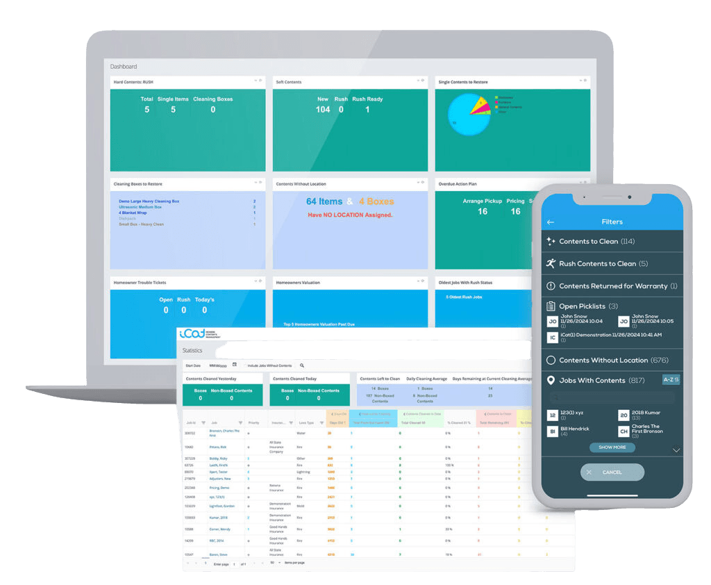 Verified iCat management dashboard on a laptop with a statistics table and a mobile filters screen for contents jobs