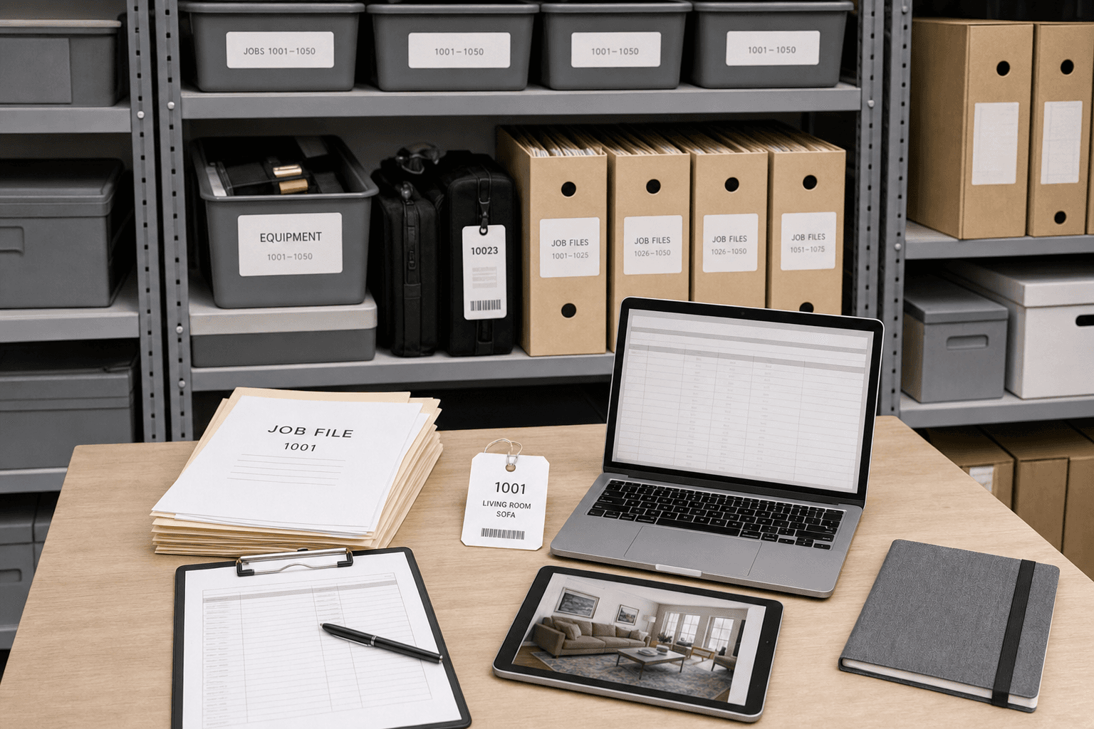 Organized job files and labeled restoration storage shelving behind a laptop, tablet, and paper inventory records