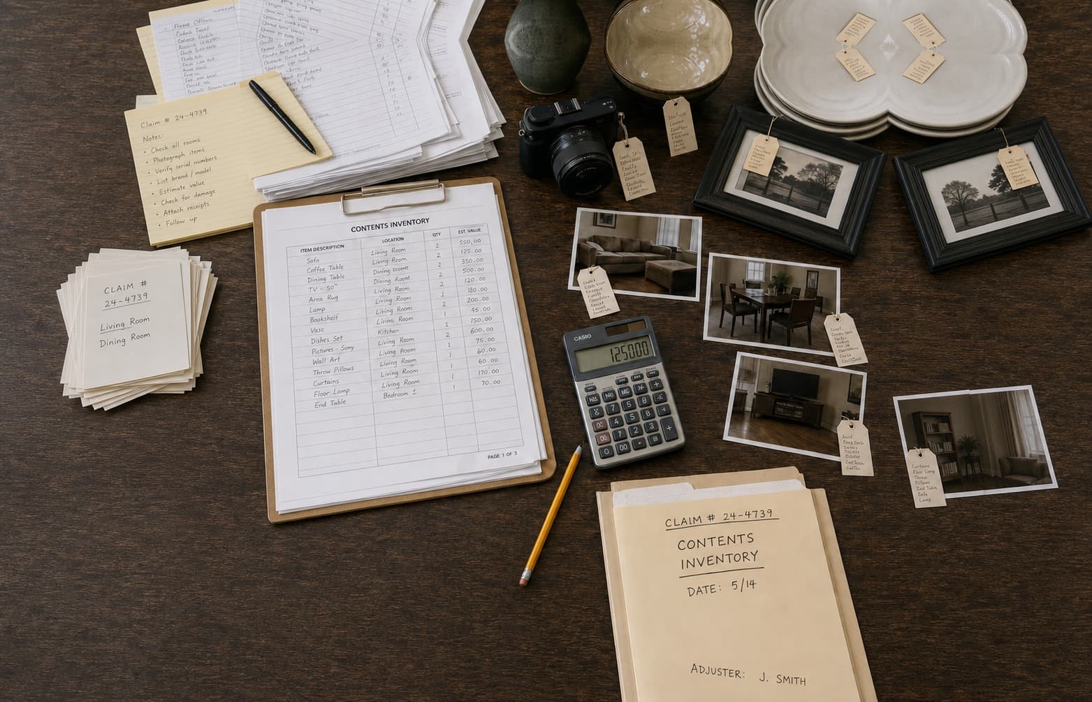 A paper-heavy manual contents inventory in progress: handwritten claim notes, tagged property photographs, a calculator, and stacked documentation