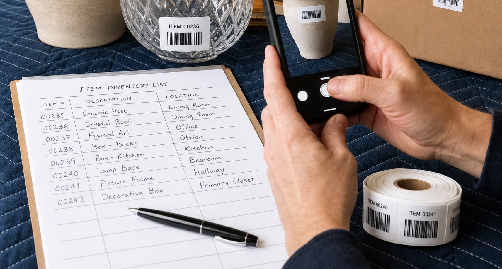 A handwritten item inventory list on a clipboard beside a phone photographing tagged household items and barcode label rolls during a pack-out