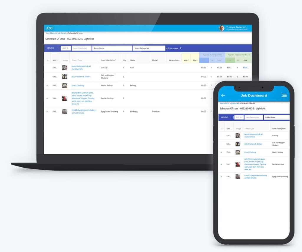 Verified iCat valuation view on a laptop with the matching job record open on a mobile phone