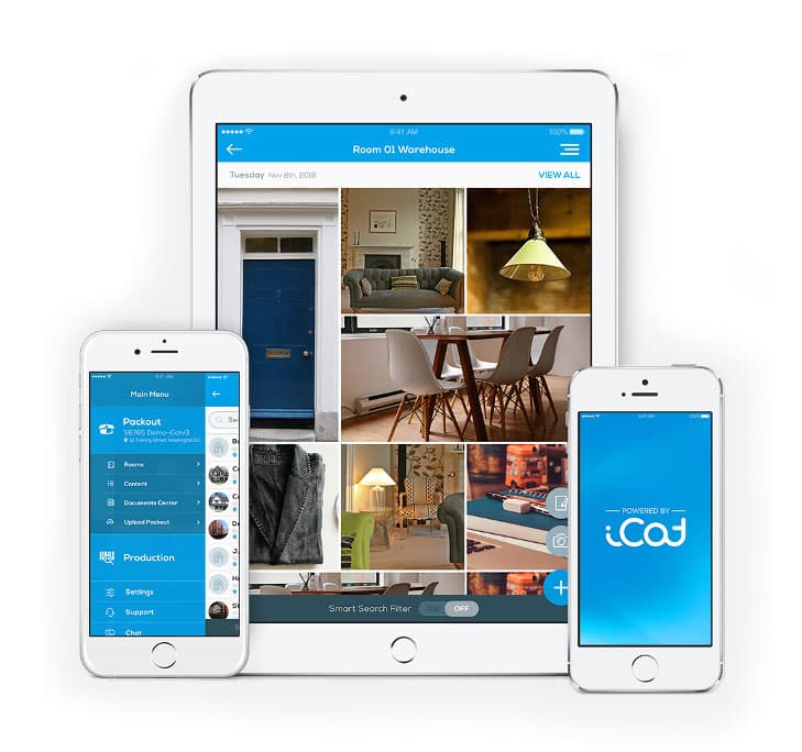 Verified iCat field documentation screens on a tablet and mobile phones showing photographed room contents
