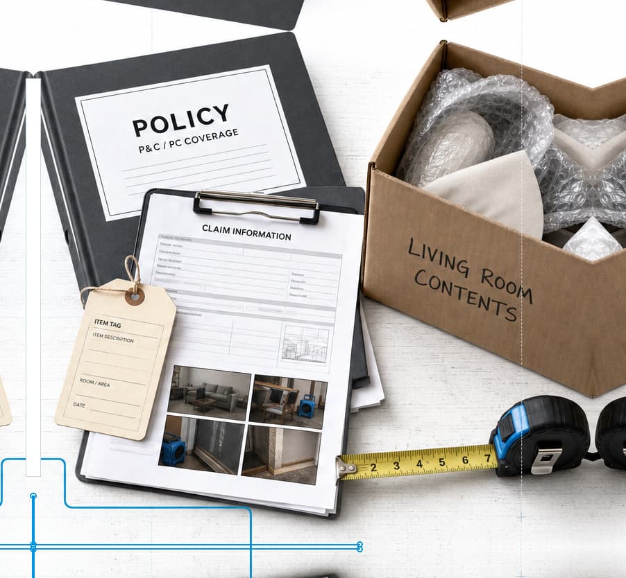 A policy binder and claim information form beside an item tag, a packed living-room contents box, and a measuring tape on a clean work surface