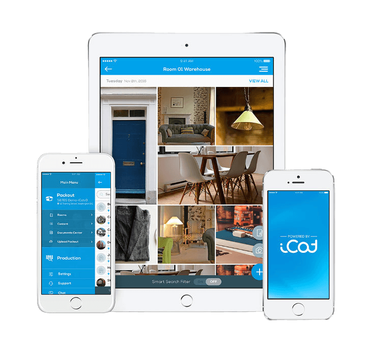 Verified iCat field documentation apps on a tablet and two phones, showing a photographed room inventory beside the pack-out menu