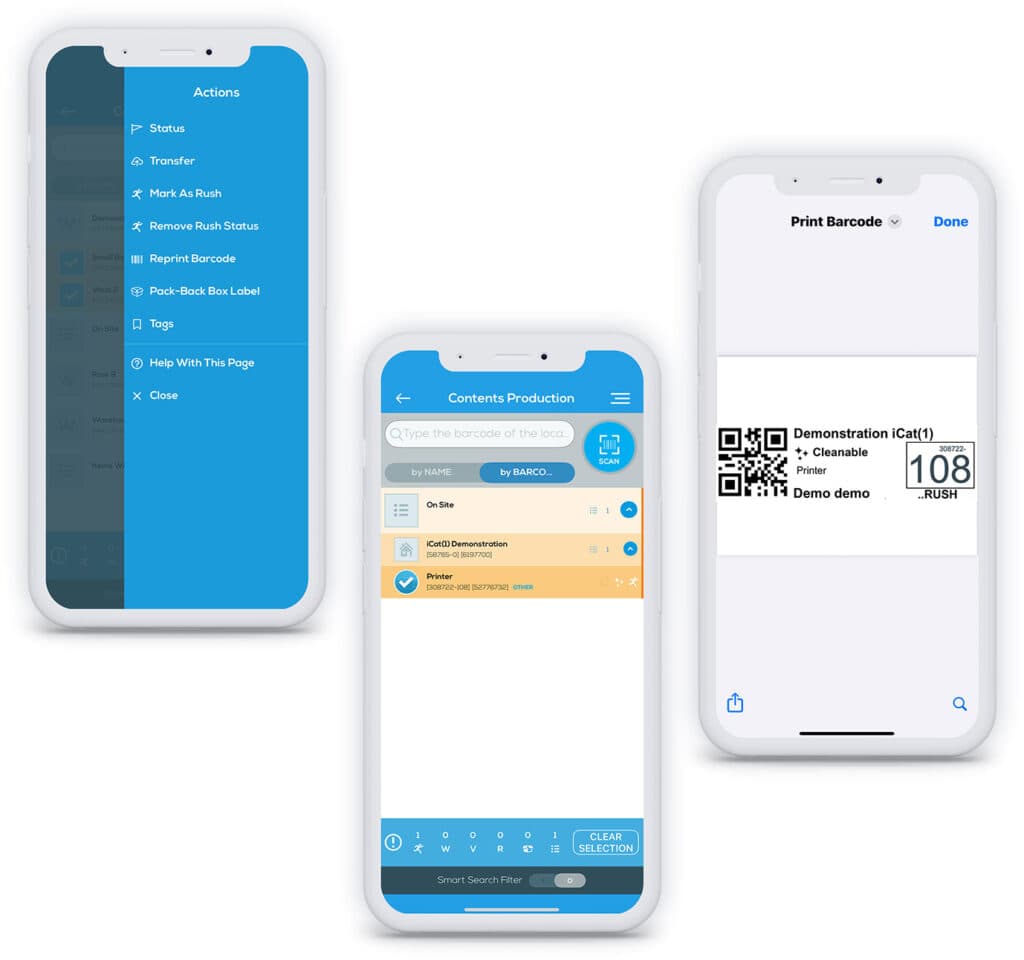 Three iCat mobile production screens: item actions, contents production list, and barcode printing