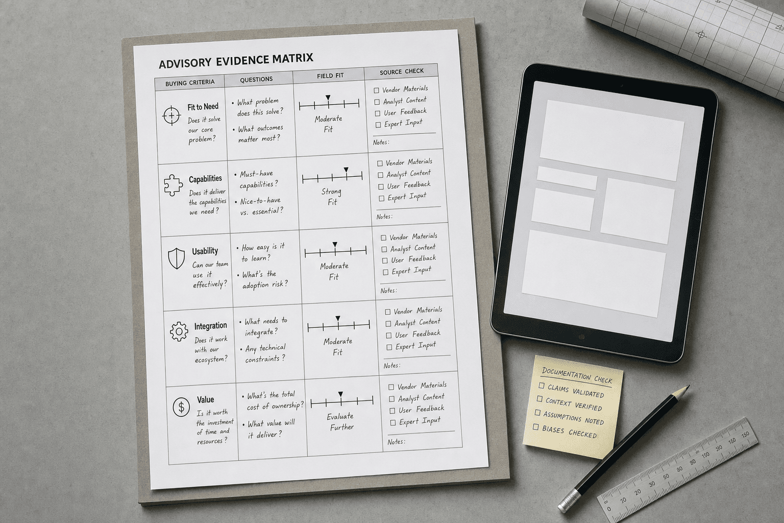 An advisory evidence matrix worksheet on a clipboard — buying criteria, questions, field fit, and source checks — beside a blank tablet, a documentation-check sticky note, a pencil, a ruler, and rolled plans