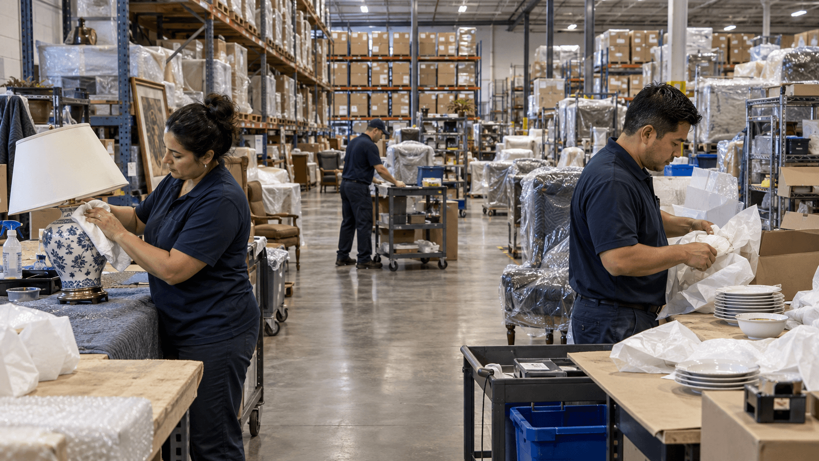 Illustrative contents restoration warehouse with packed shelving and team members cleaning and packaging household contents