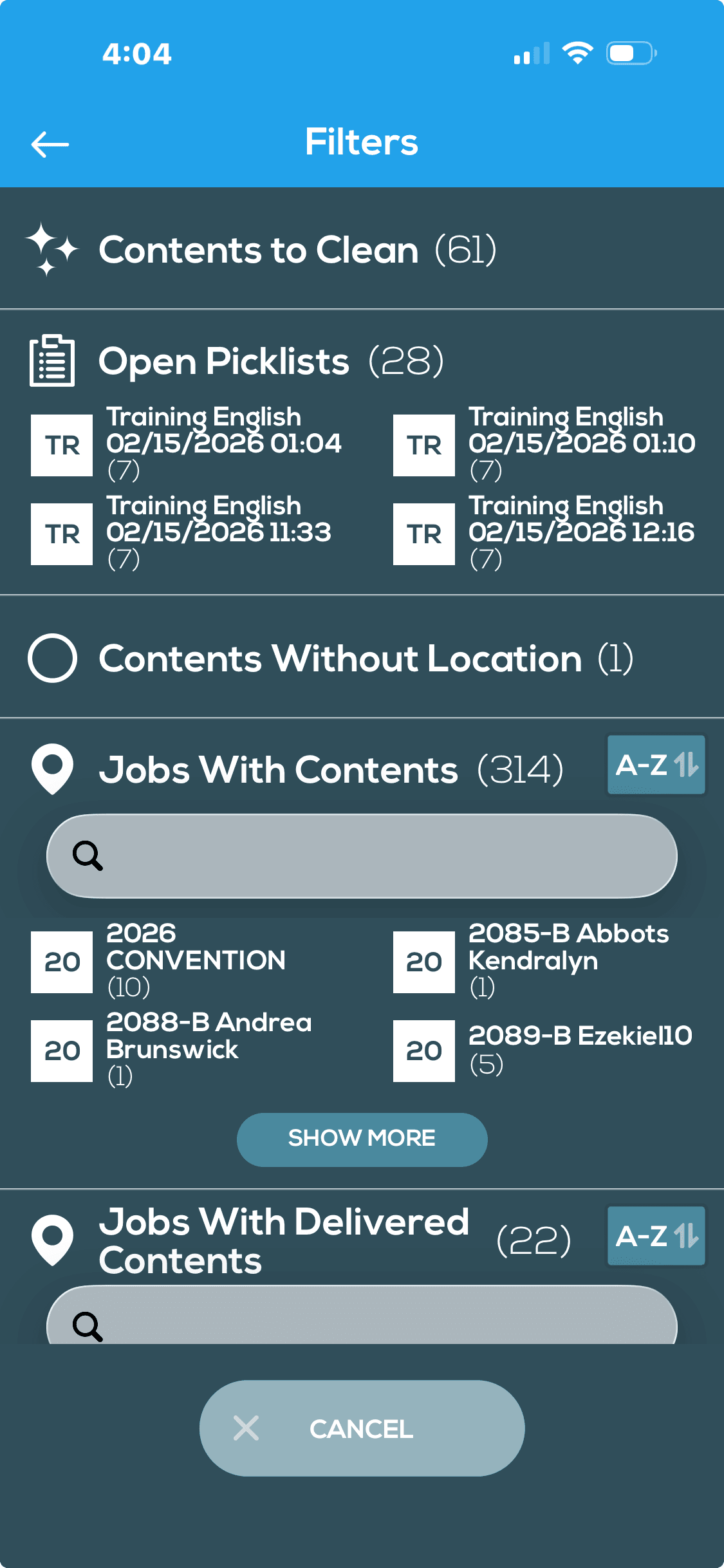 Current iCat Filters screen showing contents, picklists, and jobs.