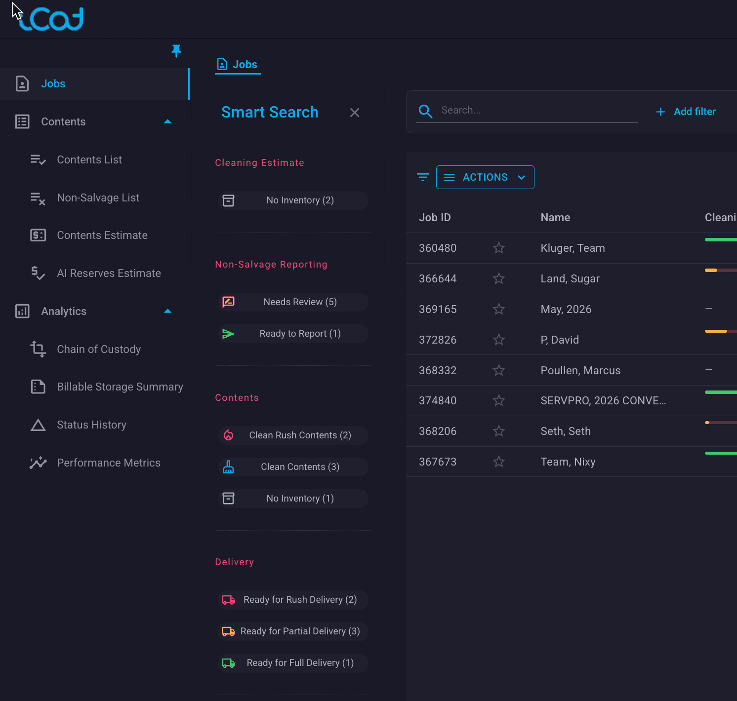 iCat Jobs dashboard with Smart Search filters for contents, reporting and delivery.