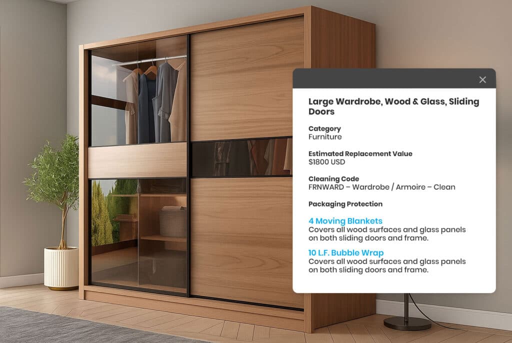 Verified iCat AI item analysis beside a photographed wardrobe, listing the identified item with category, materials, and packaging details
